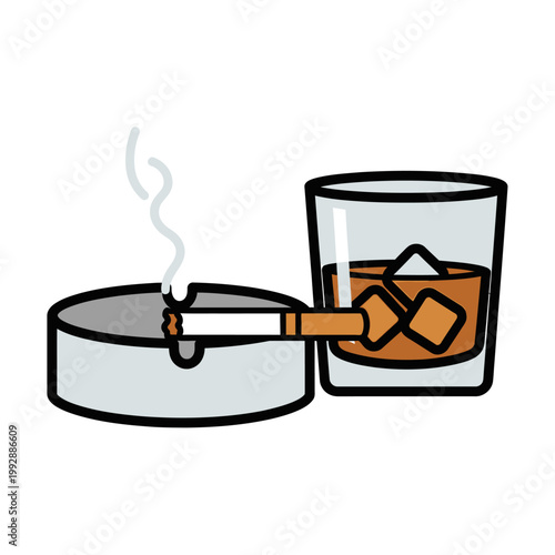 Smoking cigarette in ashtray next to glass of whiskey with ice cubes