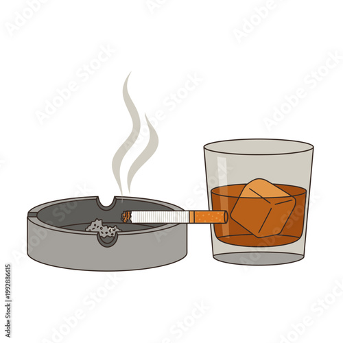 Smoking cigarette in ashtray with glass of whiskey and ice cubes, concept of relaxation and addiction
