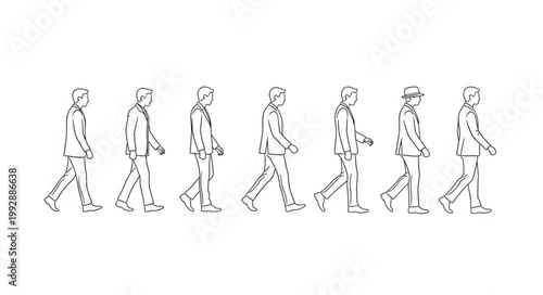 Sequential illustration of a person walking through different stages.