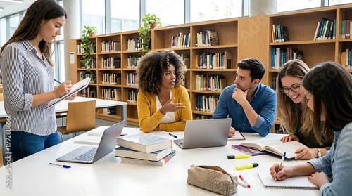 Diverse group of students collaborating and studying together at a large table in a library, engaging in discussion and learning.