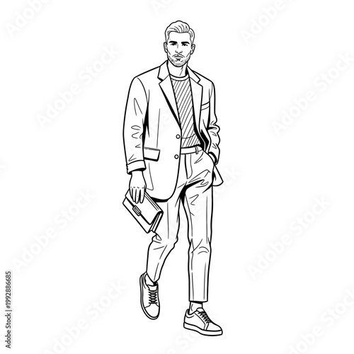Stylish man in a suit and sneakers holding a clutch bag, walking confidently.