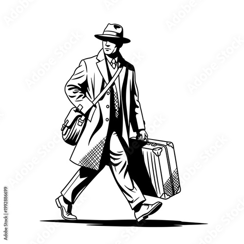 Stylish Man in Hat and Trench Coat Walking with Suitcase and Bag