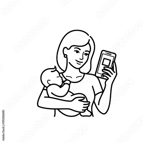Minimal line illustration of a mother holding a baby while looking at a smartphone, symbolizing modern parenting, care, and the balance between family and technology