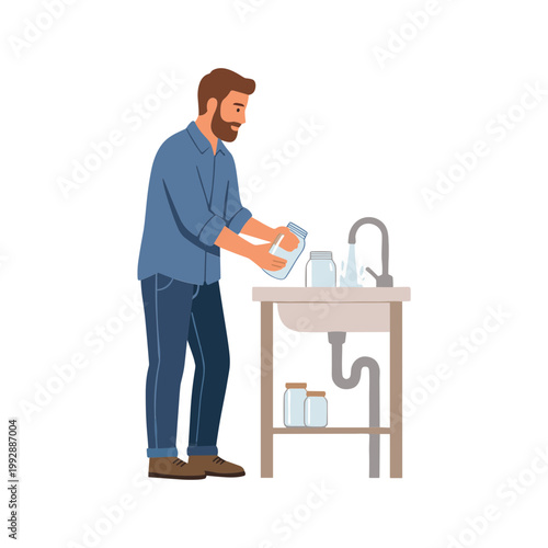 Man pouring water from jug into sink in kitchen at home