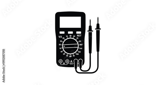 A black silhouette of a digital multimeter with probes clearly defined silhouette