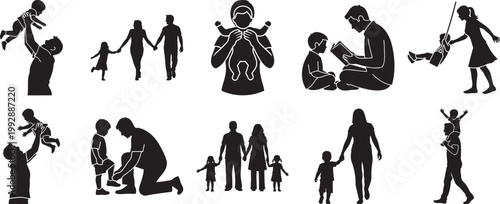 Collection of family silhouettes parents and children parents holding babies parents playing with children silhouette vector illustration silhouette children silhouette vector illustration