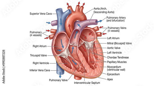 Detailed cutaway illustration of the human heart showing right and left atria and ventricles, valves, chordae tendineae, papillary muscles, interventricular septum, great vessels and directional arrow