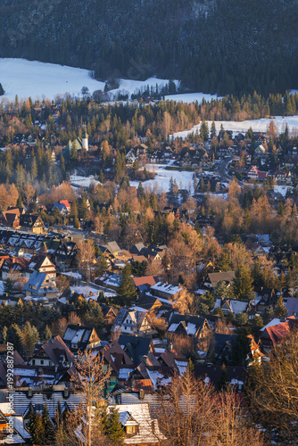 Winter view of a small town with snow-covered trees and rooftops in the mountains during daytime. Zakopane, Poland, Tatra mountains