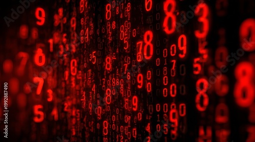 A digital display of red numbers and codes on a dark background representing data and technology