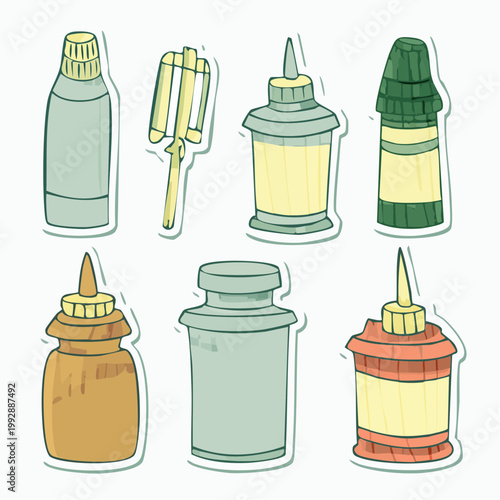 Collection of cartoon condiment bottles and dispensers