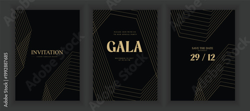 Luxury Gala Invitation Poster Set with Gold Linear Wave Pattern on Black Background, Modern Minimal Line Art Design for VIP Event, Wedding and Corporate Celebration