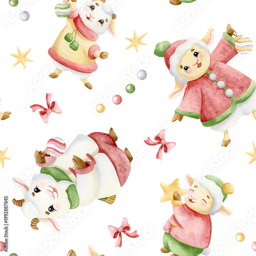 Funny sheep and goats family decorating for Christmas watercolor seamless pattern on white. Cartoon animals in winter clothes with baubles, red bows and stars hand drawn repeat background