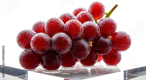 Fresh Red Grapes Covered In Water Droplets On Clear Reflective Surface Against White Background