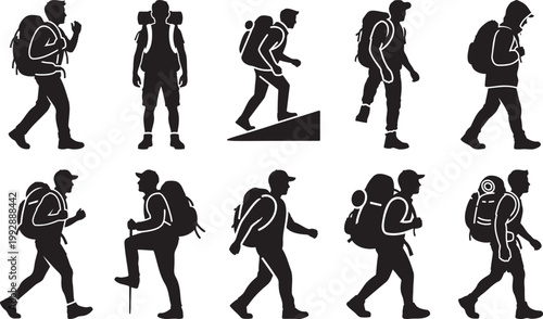 Hikers with backpacks silhouette vector illustration backpack trekking mountain adventure silhouette illustration exploration expedition activity silhouette vector illustration