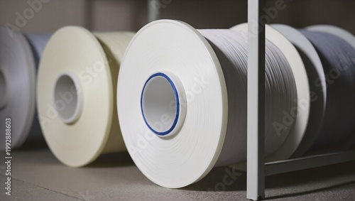 Filament spools arranged on a shelf in an industrial storage area