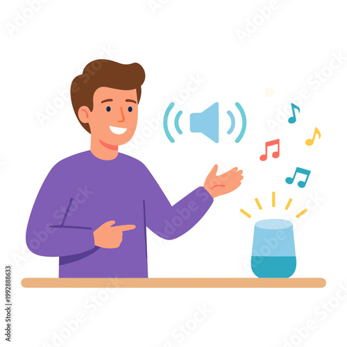 Man speaks to smart speaker with music notes and sound waves around