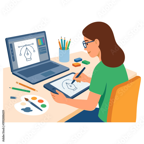 A woman creates digital art on a laptop and graphics tablet at a desk.