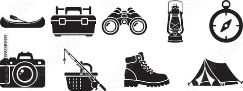 Outdoor recreation and camping gear silhouette vector illustration with tackle box recreation silhouette illustration binoculars adventure equipment silhouette vector illustration