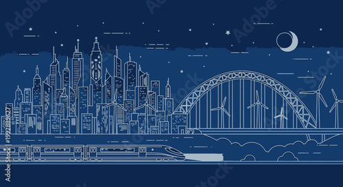 Vector Train traveling past a minimalist blue city skyline at night