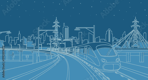 Modern Vector Train traveling through blue city night skyline