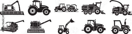 Agricultural machinery and tractor silhouette vector illustration with combine harvester agricultural machinery silhouette illustration industry silhouette vector illustration