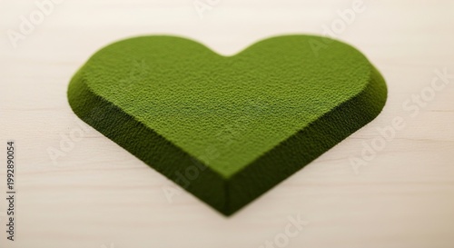 Raised heart shape formed from finely textured vibrant green matcha powder on a smooth surface, minimalist flat lay composition, symbolic representation of love, wellness, and natural energy