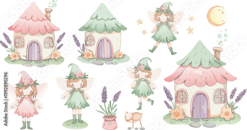 Whimsical illustration of fairy tale houses and magical female characters in a dreamy setting with pastel colors and plants