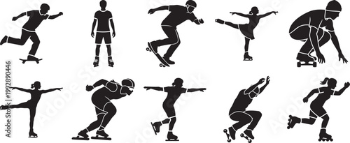 Skating silhouettes including roller skates ice skates inline skates silhouette vector illustration figure skating speed skating white background silhouette vector illustration