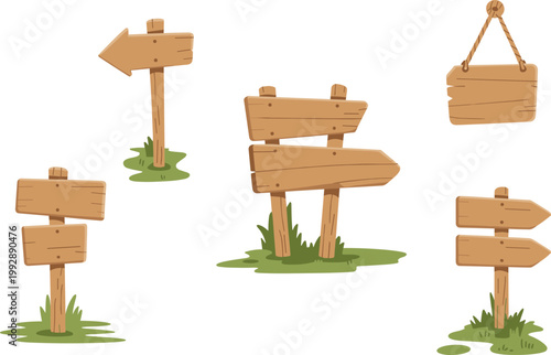 Wooden signposts set, rustic direction boards vector illustration for outdoor navigation