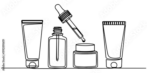 cosmetic products continuous one line drawing, Continuous one single line drawing tube of cream. moisture Sunscreen icon vector illustration concept, Continuous one line drawing of cosmetics bottle