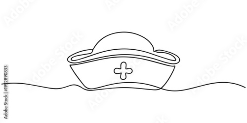 nurse's cap hat continuous one line drawing, Nurse Cap continuous one line drawing, Single one line drawing nurse cap with heart pulse logo in the middle. Symbolism to always be ready in any situation
