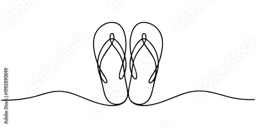 Continuous line drawing of a pair of flip flops, One line drawing Sandals vector. Slippers single line vector linear icon. Footwear outline line design. Vietnamese shoes Vector illustration