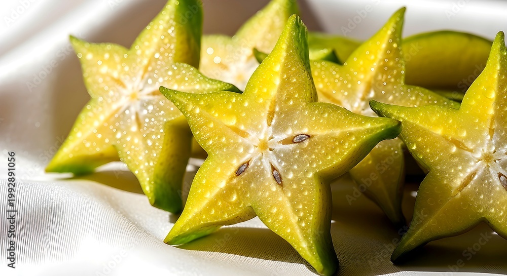 Fototapeta premium Vibrant Sliced Star Fruit With Refreshing Water Droplets On White Fabric