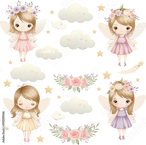 Four cute cartoon girls in dresses standing on clouds with flowers