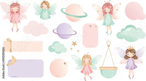 Whimsical pastel fairy illustrations with various shapes and designs for digital scrapbooking or greeting cards