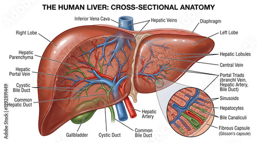 Cross‑sectional anatomy of the human liver illustrating right and left lobes, hepatic lobules, central veins, portal triads with hepatic artery, portal vein and bile duct, hepatic veins, gallbladder a
