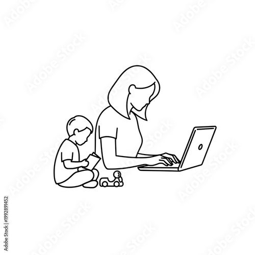 Minimal line illustration of a mother working on a laptop while her child uses a tablet, showing modern parenting, multitasking, and balance between work and family life.