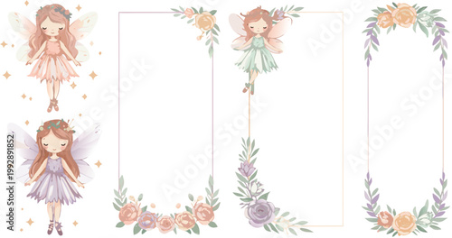 Whimsical illustration of fairy girls with flowers and foliage in soft pastel colors