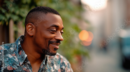 Man engaged in conversation with slight smile, close up composition, copy space on right