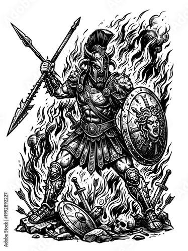 Ares tattoo in full battle armor, aggressive stance, weapons and flames, bold lines, high contrast, white background