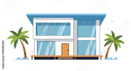 Modern Beachfront Villa Illustration with Palm Trees and Ocean Waves Flat Vector Design of a Luxury Contemporary Coastal House Exterior