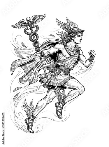 Hermes tattoo with winged sandals and caduceus staff, dynamic running pose, light flowing lines, detailed illustration, white background