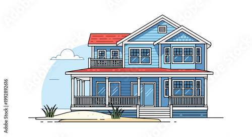 Blue Coastal Beach House Illustration with Red Roof and Porch, Two Story Waterfront Home Vector Design on Sand Dunes