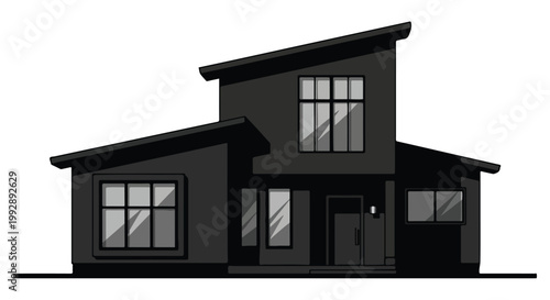 Modern Minimalist Black and Grey House Illustration, Contemporary Two-Story Architectural Home Design Vector Icon