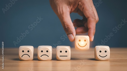 Hand placing a happy smiley face cube among a row of neutral and sad emoticon blocks