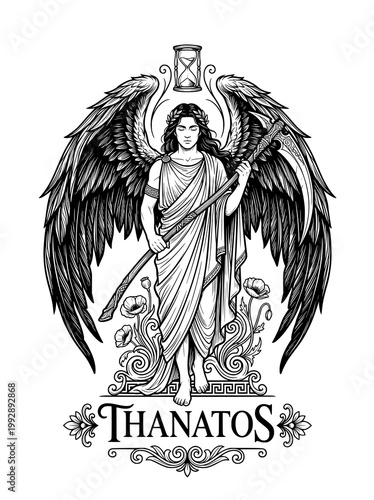 Thanatos tattoo representing death, dark wings, calm expression, minimal yet powerful design, clean linework, white background