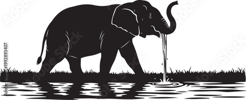 Black elephant silhouette, drinking water, wildlife icon, vector illustration