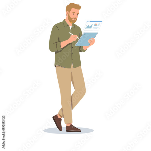 A man standing and holding a tablet with a document