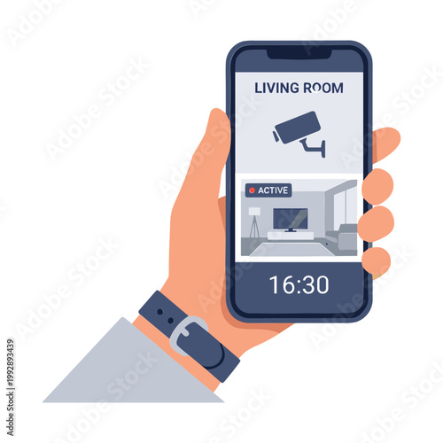A hand holding a smartphone with a security camera view on the screen in a living room environment.
