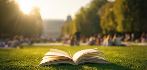 The book lying open on sunlit grass with blurred parkgoers in background
